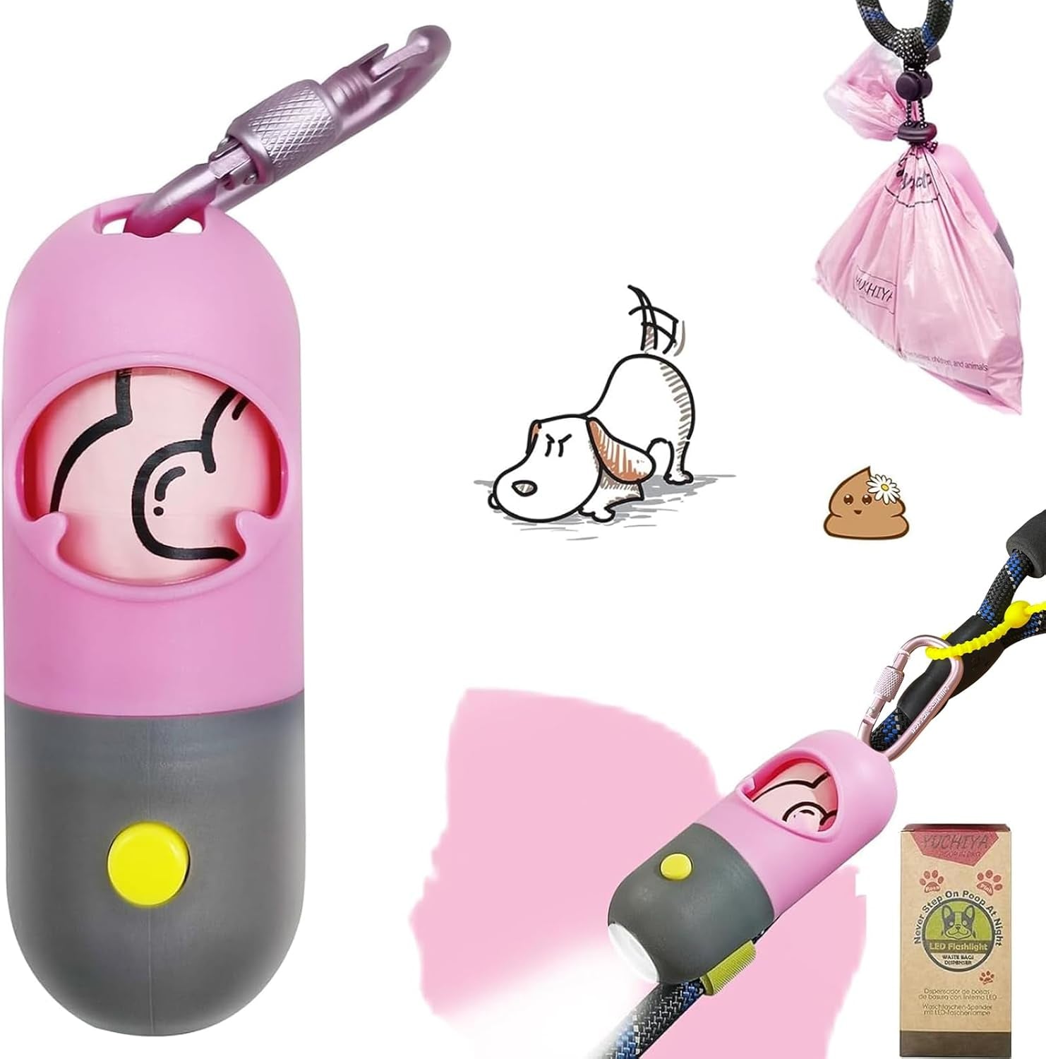 Dog Poop Bag Holder Dispenser with LED Flashlight - Night Visibility for Safe Evening Walks | Upgraded Hands-Free Leash Clip | Includes 15 Dog Waste Bags (Pink)