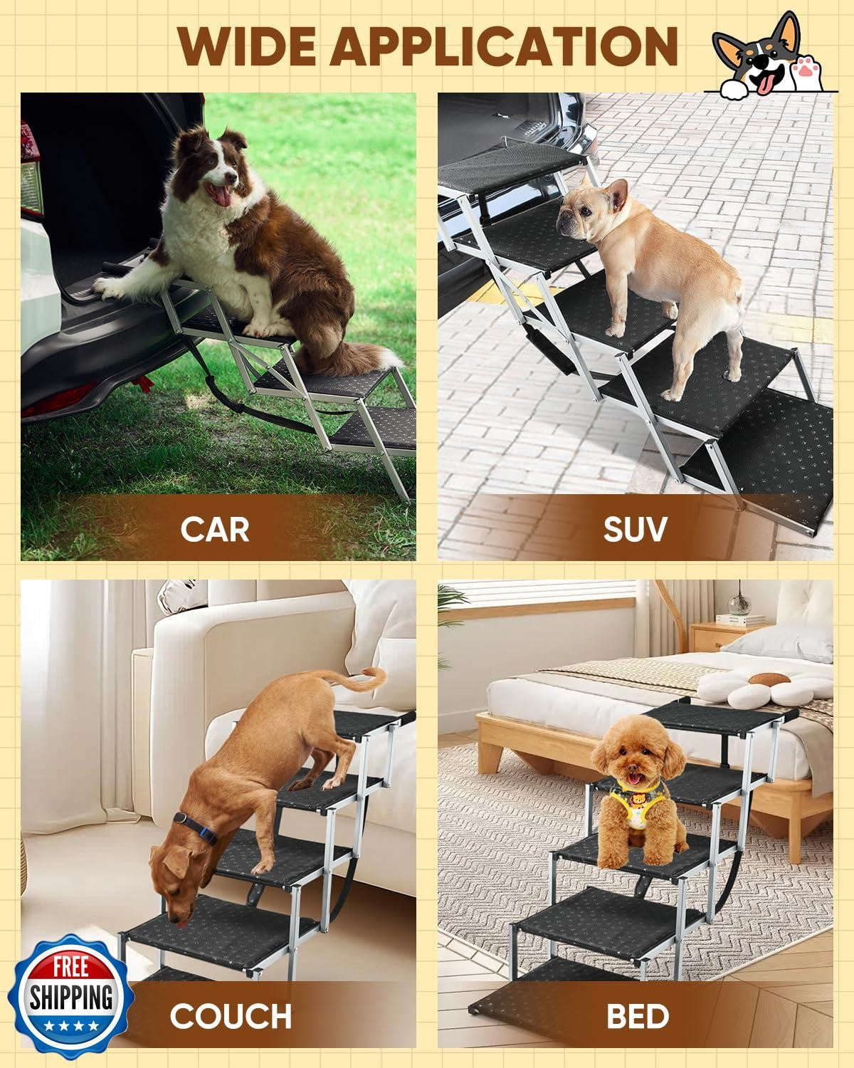 Saker Foldable Dog Ramp for Cars, Suvs, Trucks, Portable Pet Dog Stairs for L