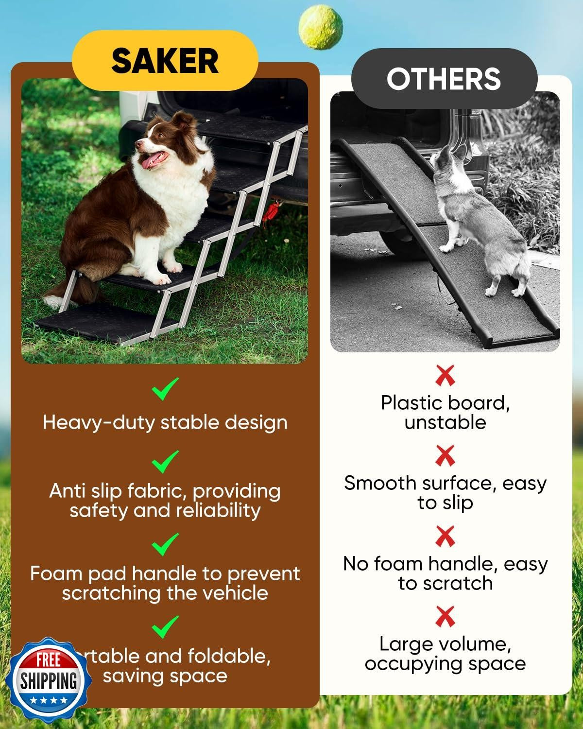 Saker Foldable Dog Ramp for Cars, Suvs, Trucks, Portable Pet Dog Stairs for L