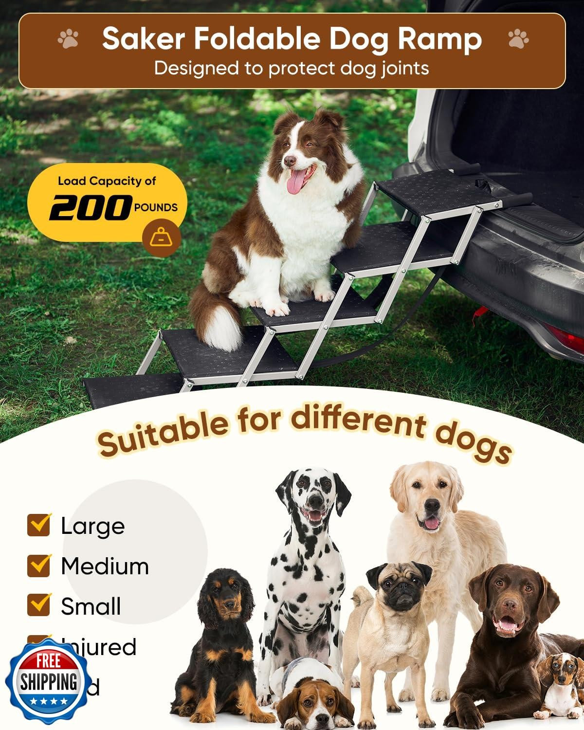 Saker Foldable Dog Ramp for Cars, Suvs, Trucks, Portable Pet Dog Stairs for L