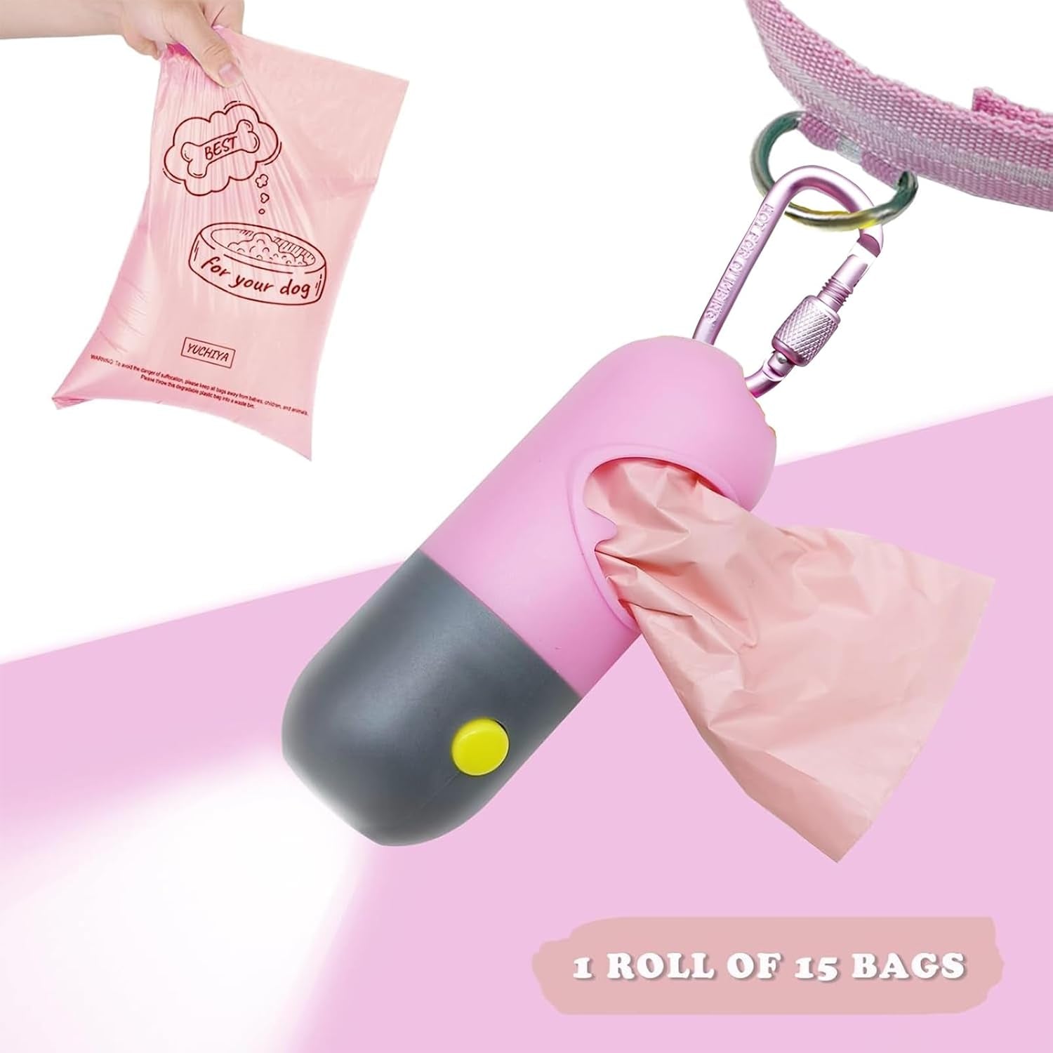 Dog Poop Bag Holder Dispenser with LED Flashlight - Night Visibility for Safe Evening Walks | Upgraded Hands-Free Leash Clip | Includes 15 Dog Waste Bags (Pink)