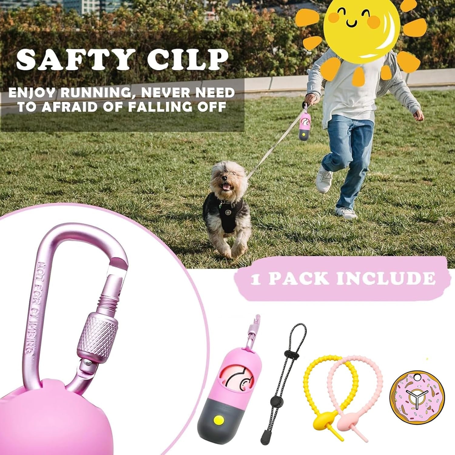 Dog Poop Bag Holder Dispenser with LED Flashlight - Night Visibility for Safe Evening Walks | Upgraded Hands-Free Leash Clip | Includes 15 Dog Waste Bags (Pink)