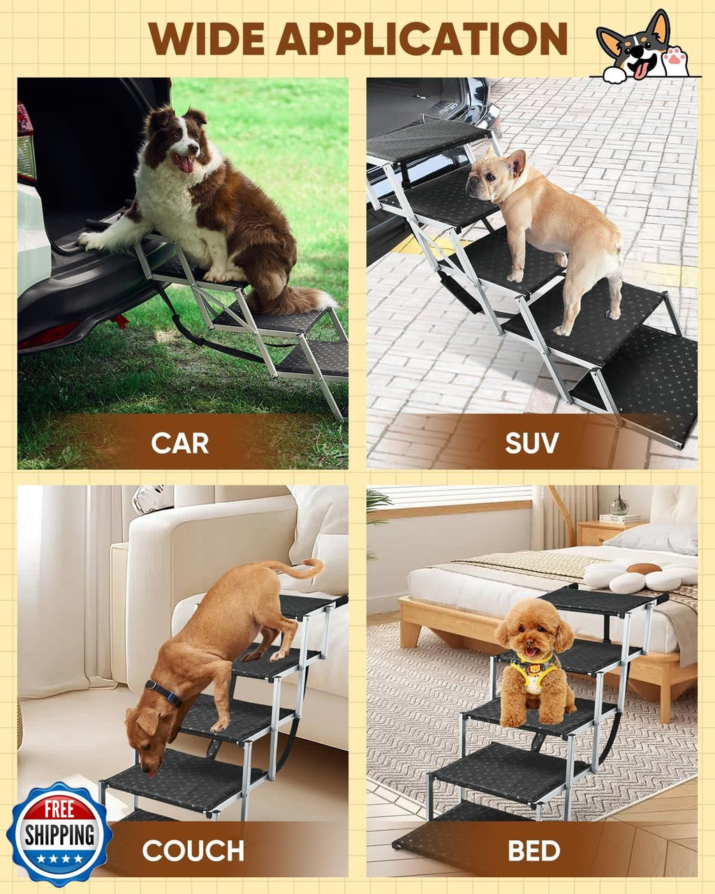 Saker Foldable Dog Ramp for Cars, Suvs, Trucks, Portable Pet Dog Stairs for L